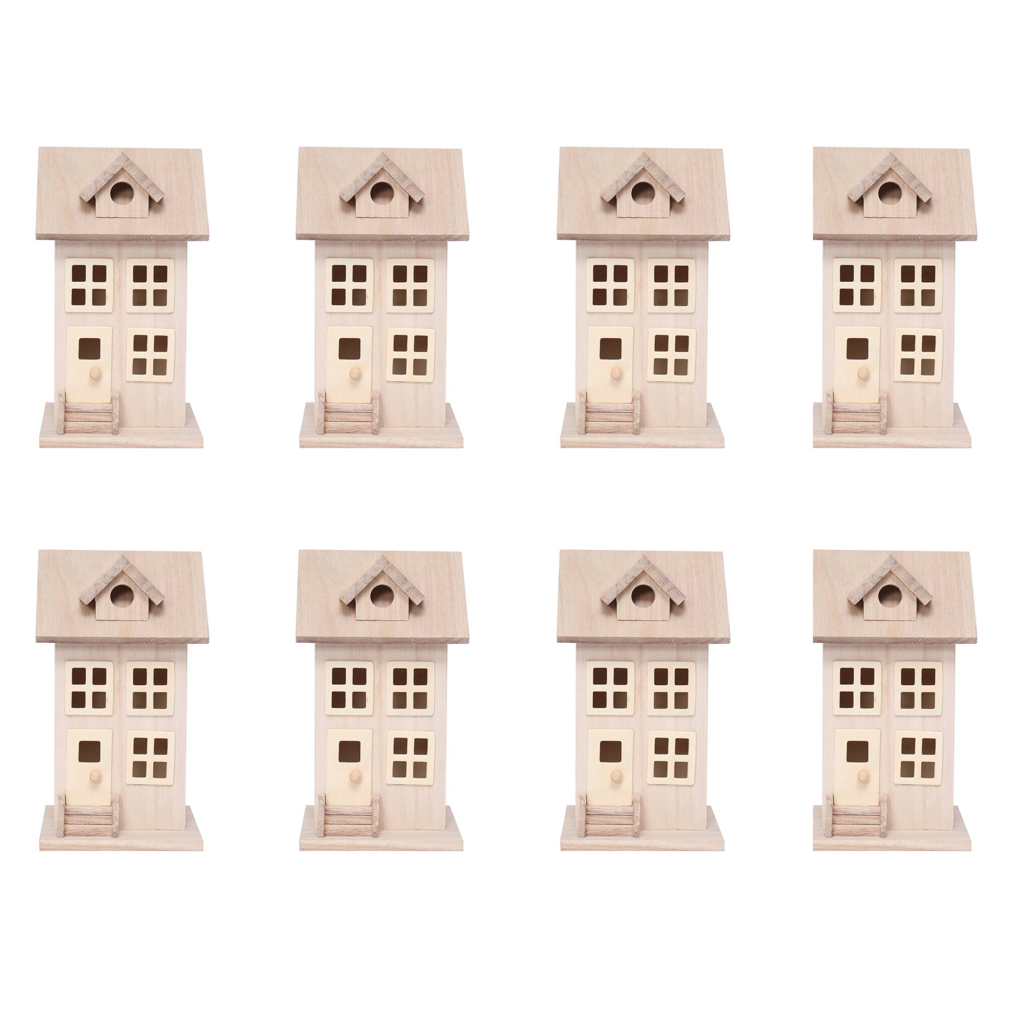 8 Pack: 7.5" Unfinished Wood Townhouse Birdhouse by Make Market®